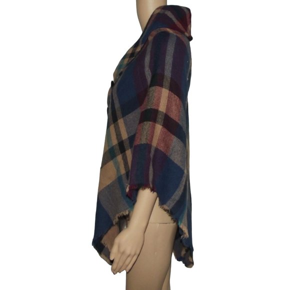 Blanket Poncho One Size OS Autumn Fall Plaid Poncho soft toggle wrap blue camel - Picture 4 of 9